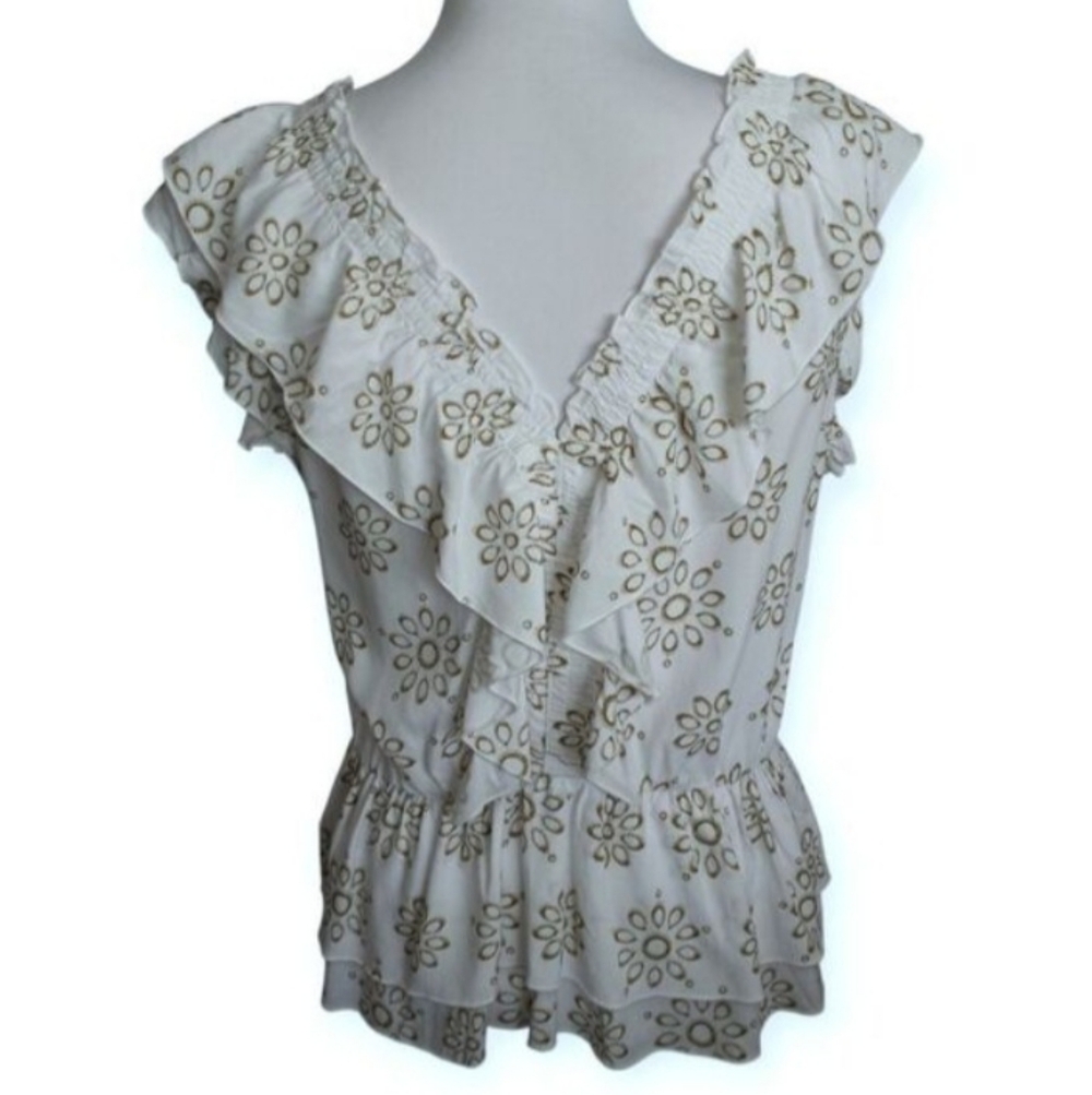 CeCe Floral Ruffle White & Green Blouse Sz.M EUC. - Picture 5 of 8